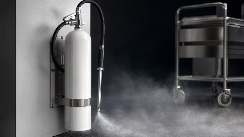 A white water mist fire extinguisher with a stainless steel valve on a wall bracket in a clean clinical corridor