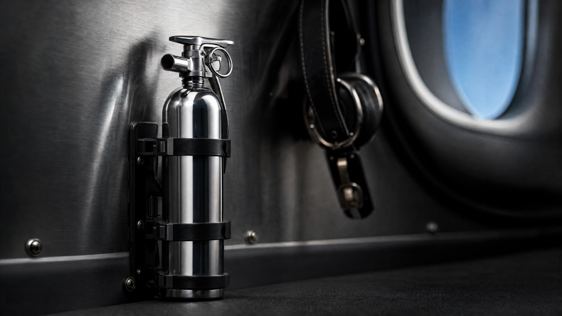 A compact aluminum clean agent fire extinguisher in a two-strap bracket mounted on an aircraft cabin bulkhead