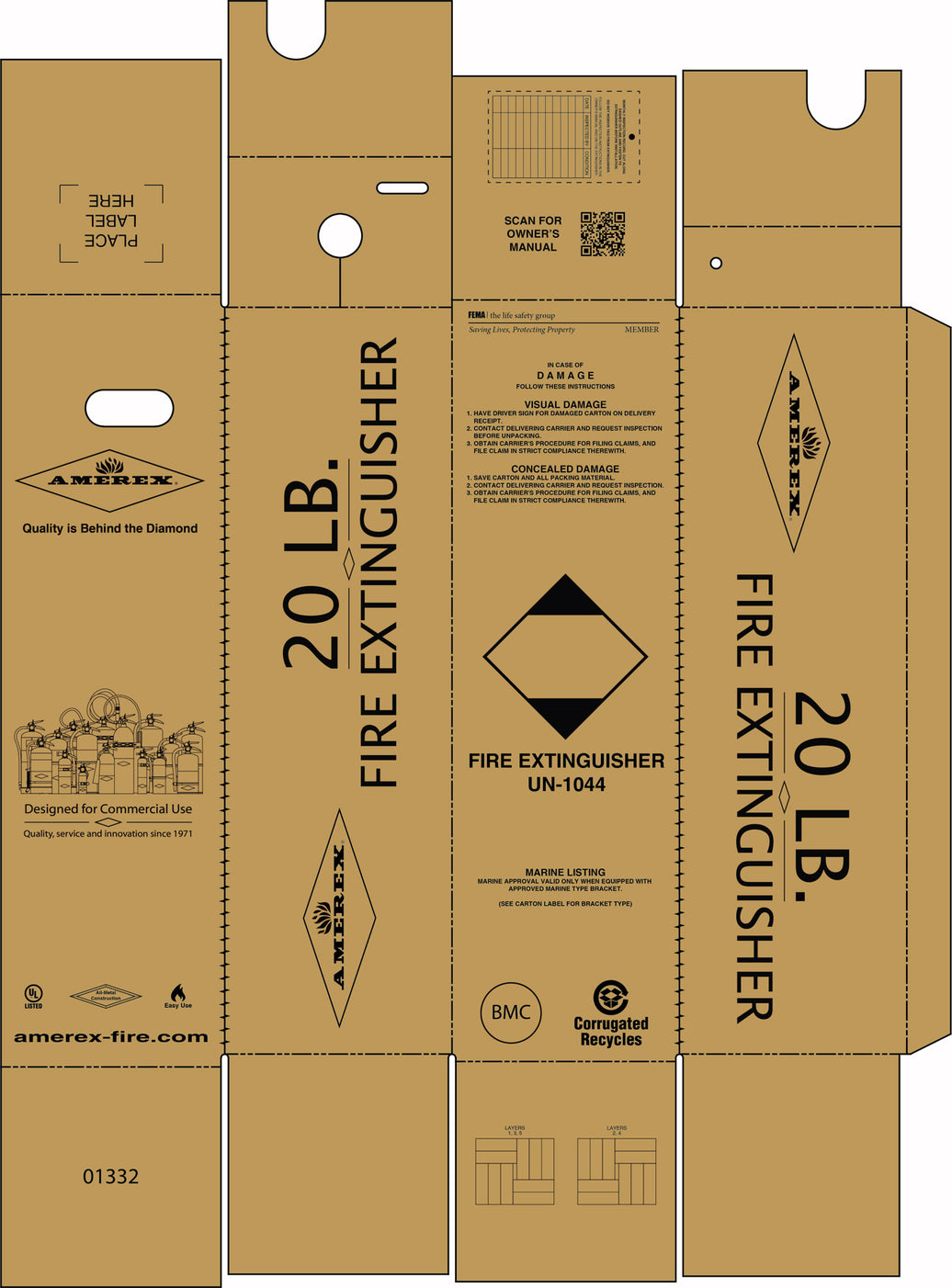 Amerex 01332 single shipping carton for a 20 lb dry chemical fire extinguisher