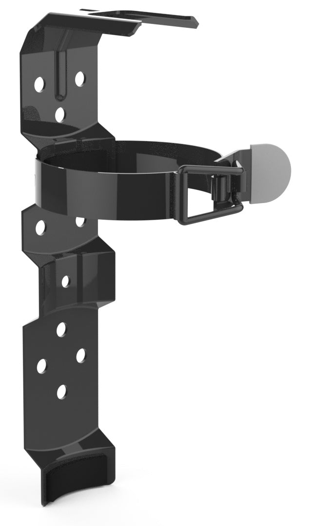Amerex Model 818B black fire extinguisher bracket, item 03908, for 4.25 in. diameter cylinders