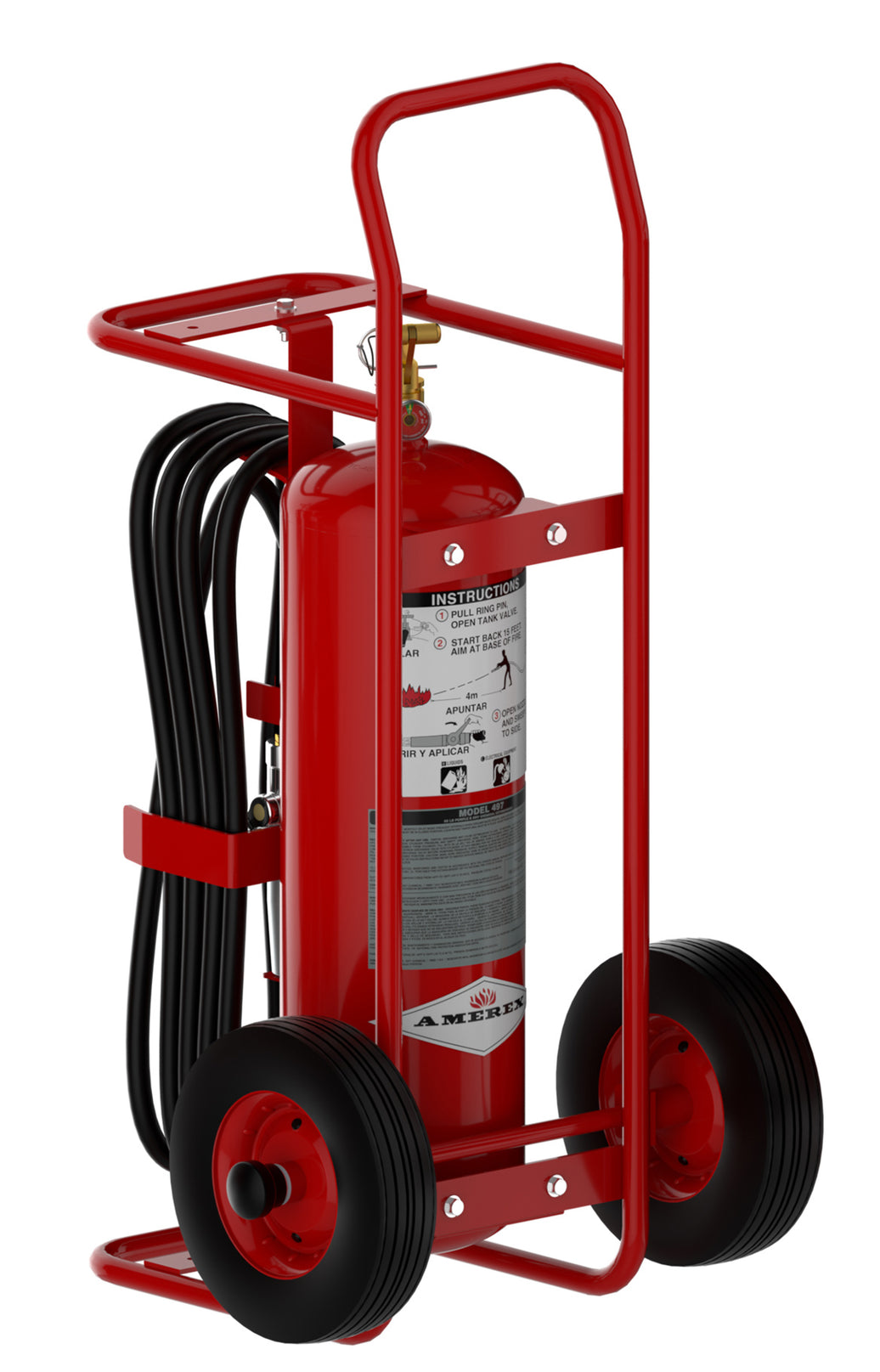 Amerex 497 50 lb wheeled Purple K fire extinguisher with narrow cage carriage and rubber tires