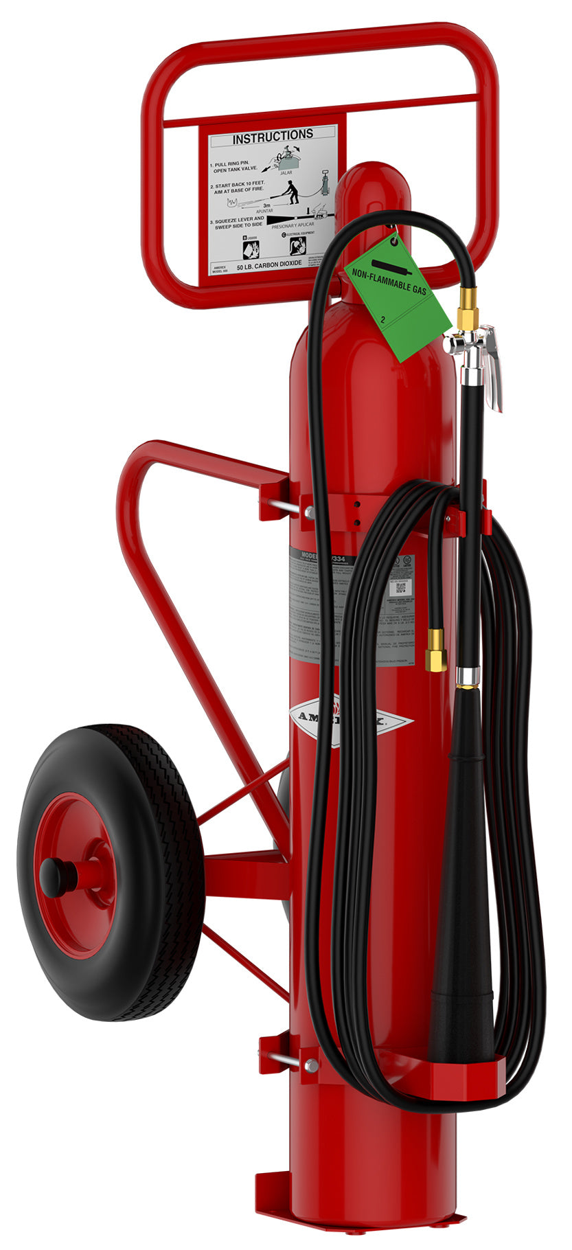 Amerex 333 50 lb wheeled CO2 fire extinguisher with steel carriage, hose and discharge horn