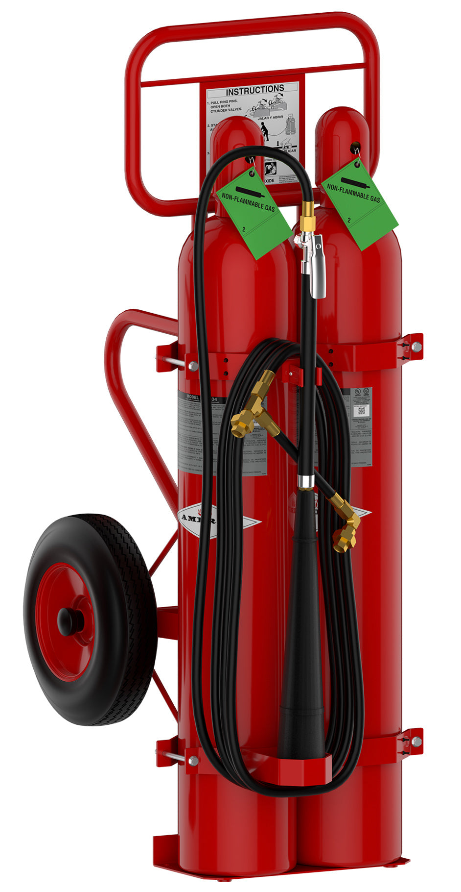 Amerex 334 100 lb wheeled CO2 fire extinguisher on heavy duty steel carriage with hose horn