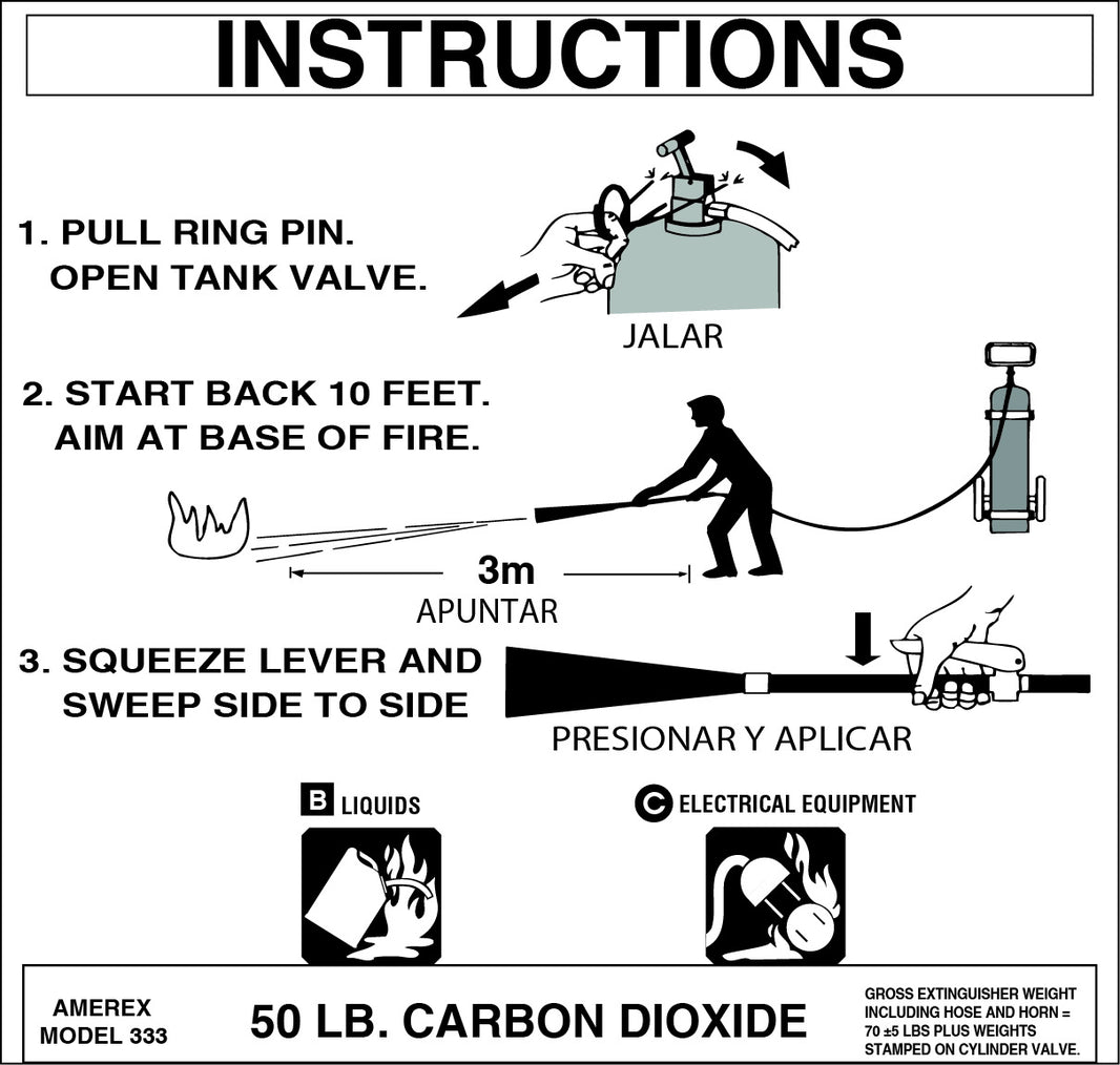 Amerex part 09618 pictogram label for the 50 lb carbon dioxide wheeled fire extinguisher