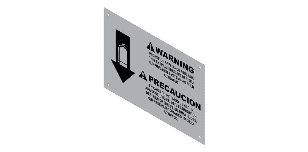 Amerex part 14669-P001 wet chemical caution placard printed in English and Spanish