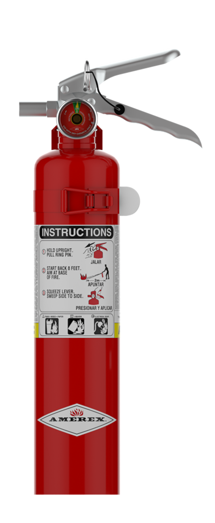 Amerex B417T 2.5 lb ABC extinguisher secured in strap-style vehicle bracket