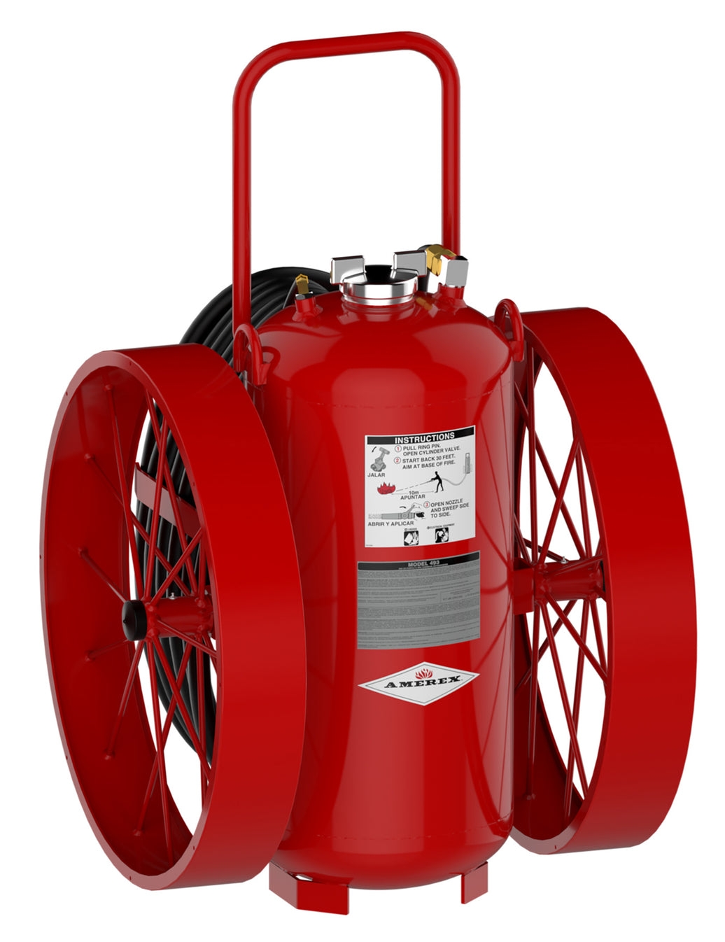 Amerex 493 300 lb wheeled Purple K fire extinguisher with 36 inch steel wheels and hose rack