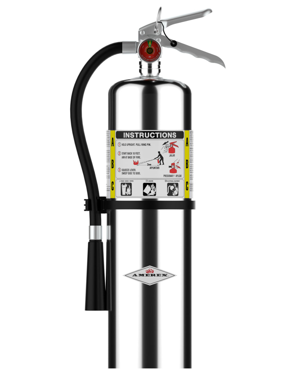 Amerex B456C chrome 10 lb ABC dry chemical fire extinguisher, front view