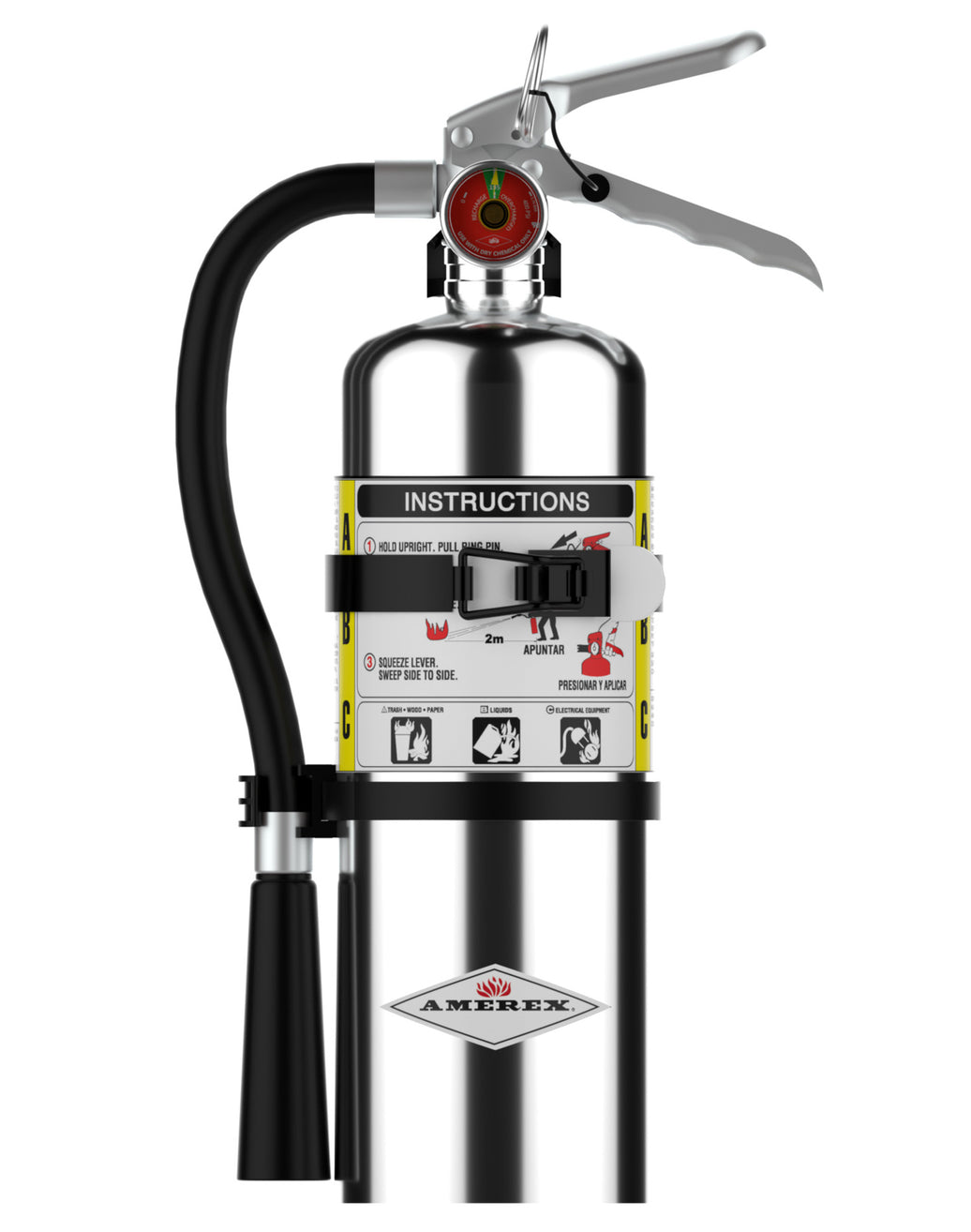 Amerex B500TC chrome 5 lb ABC fire extinguisher with vehicle bracket, front view