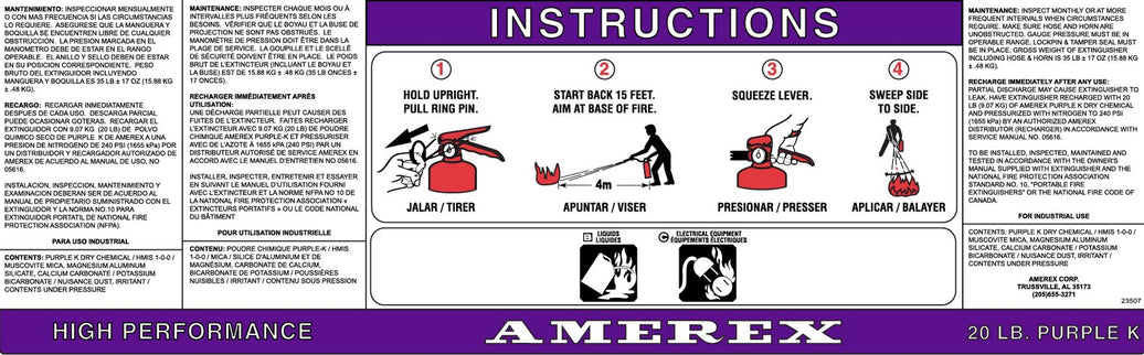 Amerex 23507 replacement nameplate decal for Model 566, 580 and 584 20 lb High Performance Purple K extinguishers