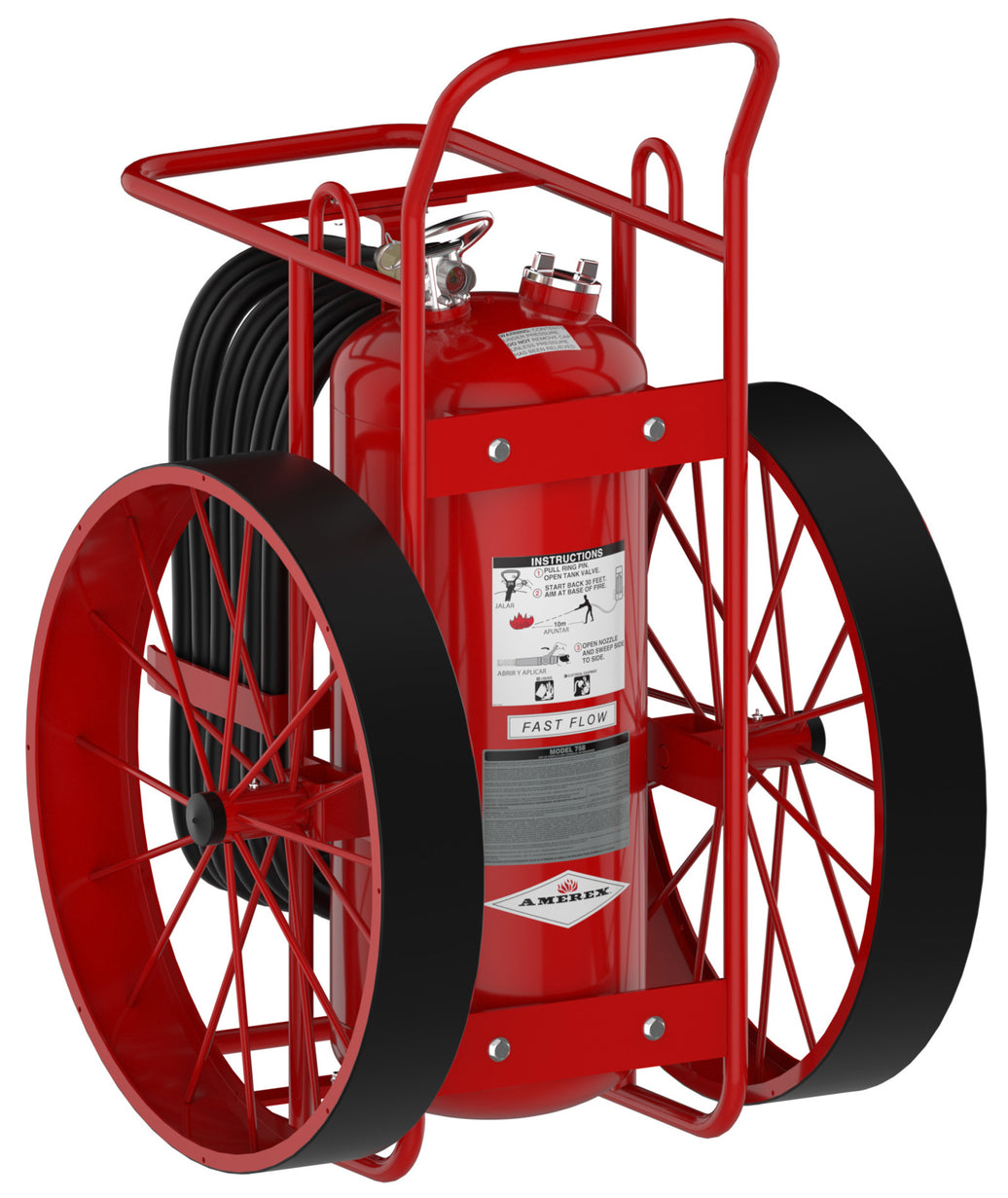 Amerex 758R 250 lb wheeled Purple K fire extinguisher, Z-Series carriage with large tread wheels