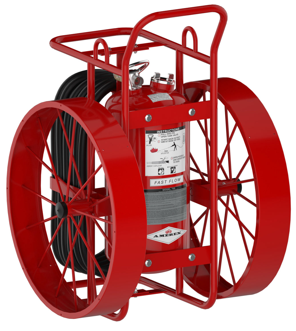 Amerex 759 125 lb Z-Series wheeled Purple K fire extinguisher on steel carriage with hose