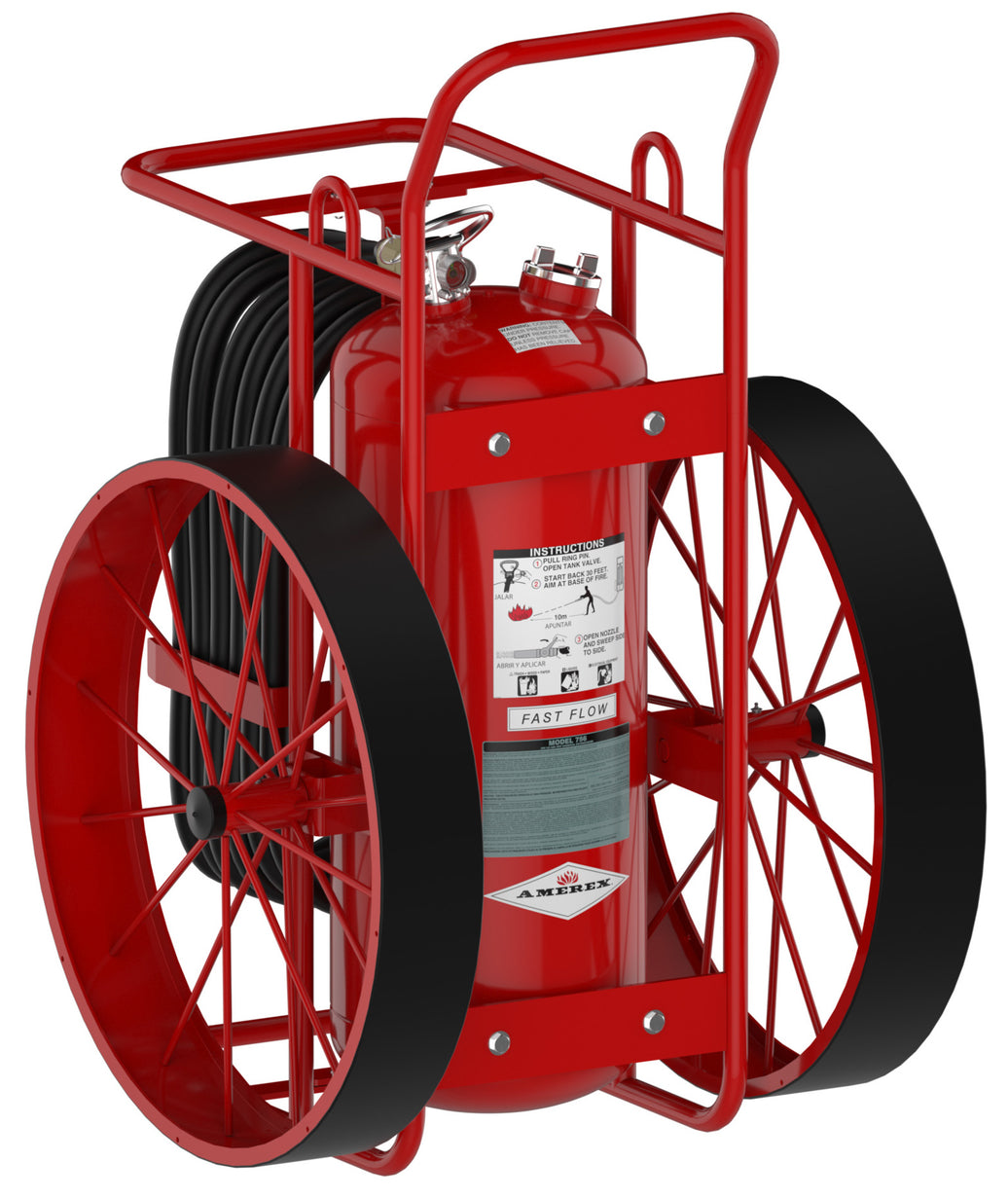 Amerex 756R 250 lb wheeled ABC dry chemical fire extinguisher with hose and steel carriage