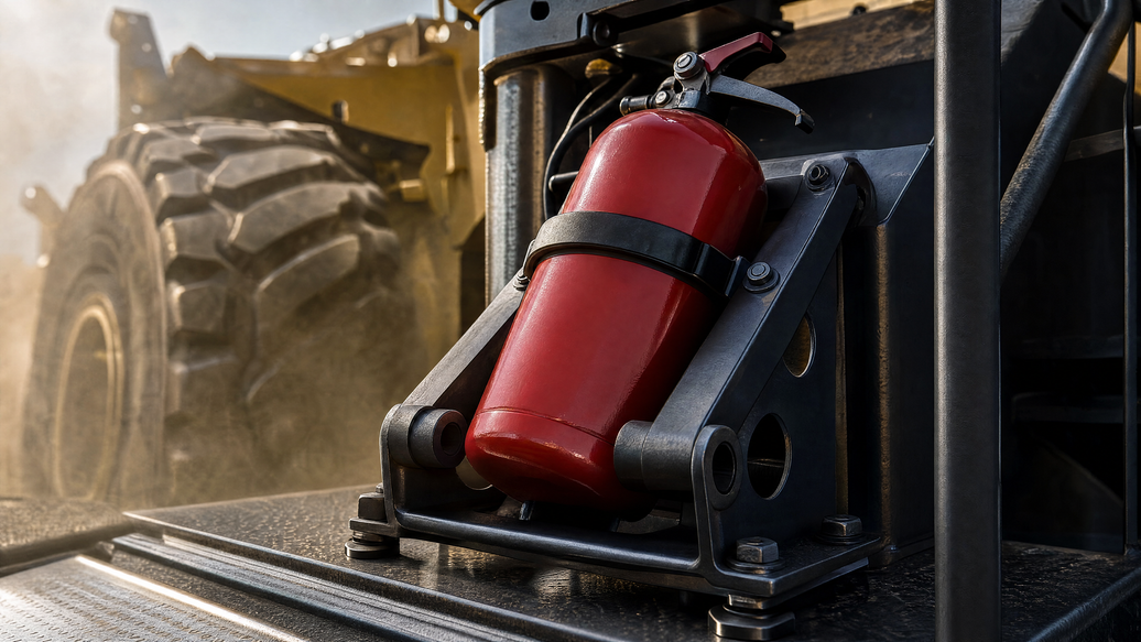 Fire Extinguishers for Heavy Equipment and Work Trucks: Amerex High Performance Dry Chemical and the Brackets That Hold Them