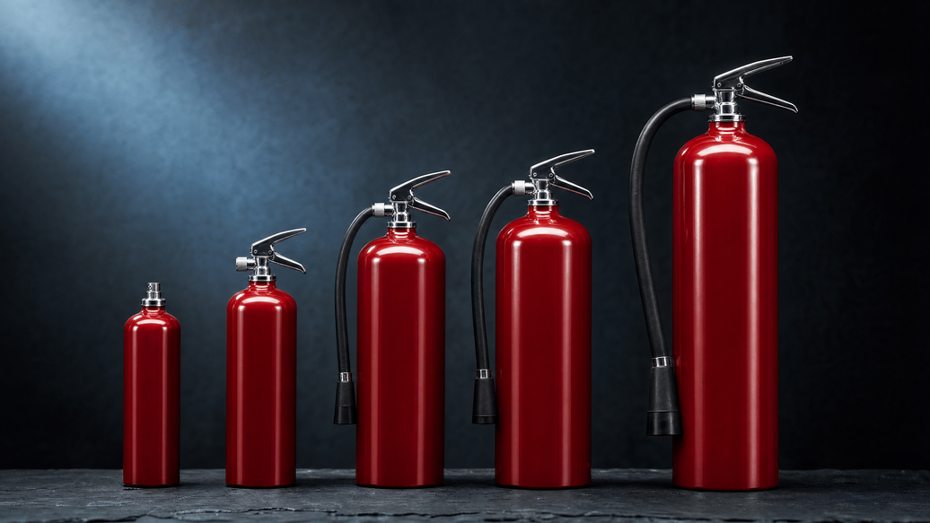 Five red fire extinguishers arranged in a row ascending in size on a dark slate surface