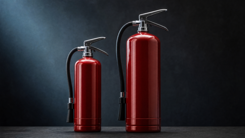 A compact 5 lb fire extinguisher beside a taller 10 lb unit on a dark slate surface