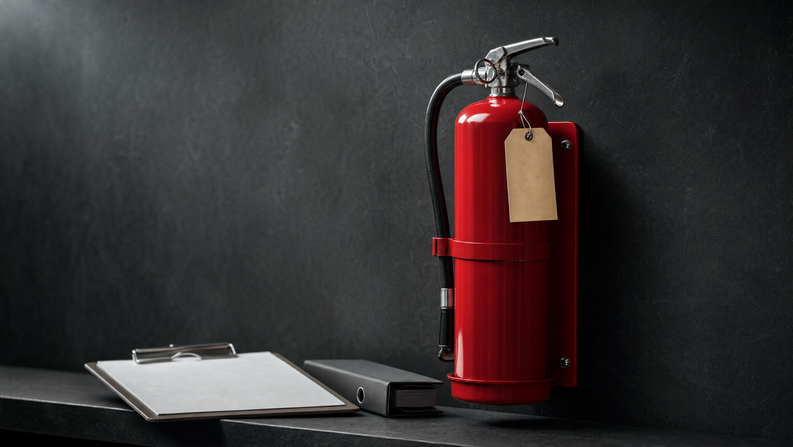 Red ABC dry chemical fire extinguisher on a wall bracket beside a clipboard inspection tag