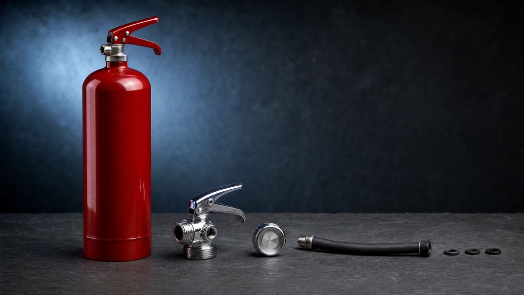 A red fire extinguisher standing beside its serviceable parts — valve assembly, gauge, hose, and O-rings — on a dark slate surface