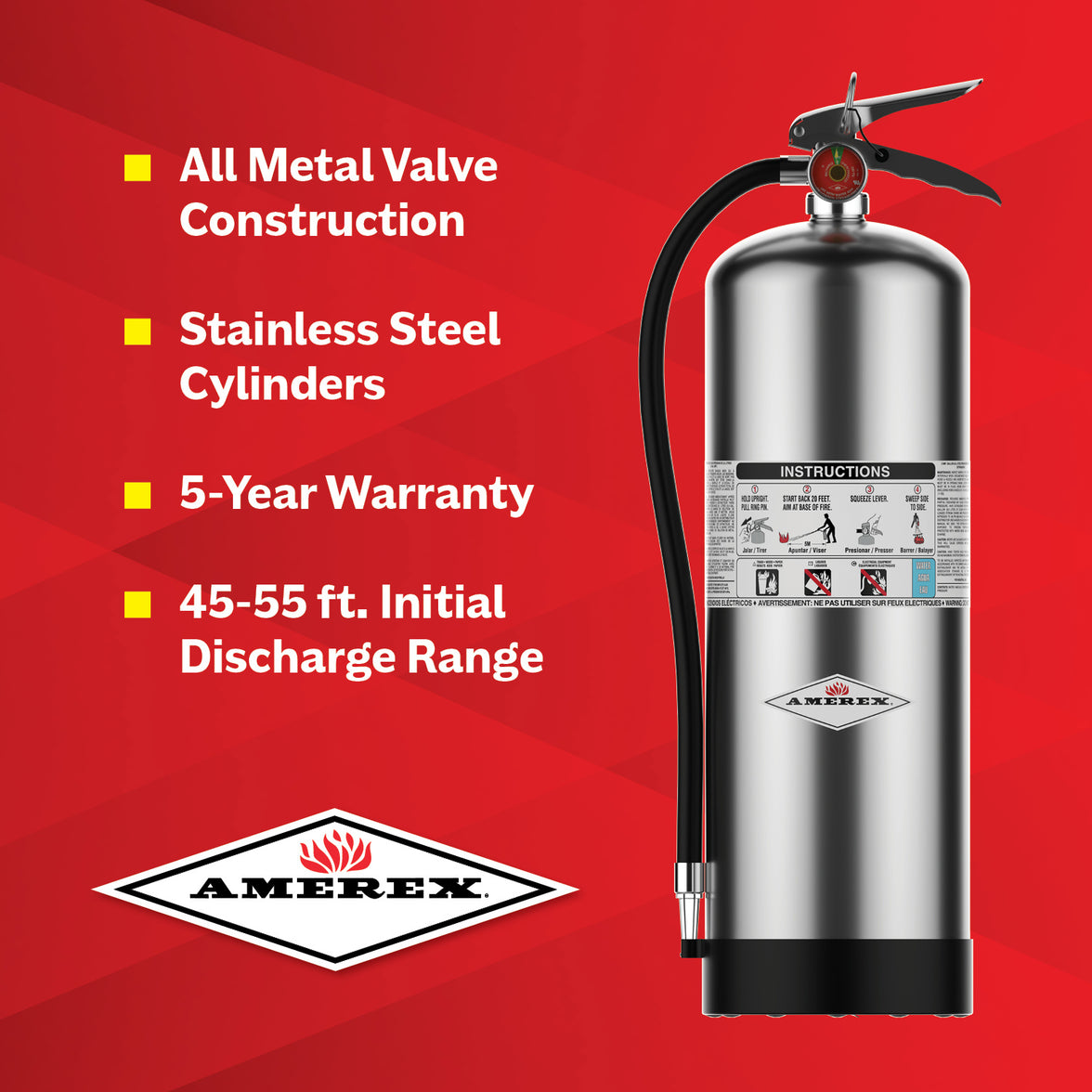 Amerex 240 stainless steel water extinguisher showing valve, hose, and carrying handle