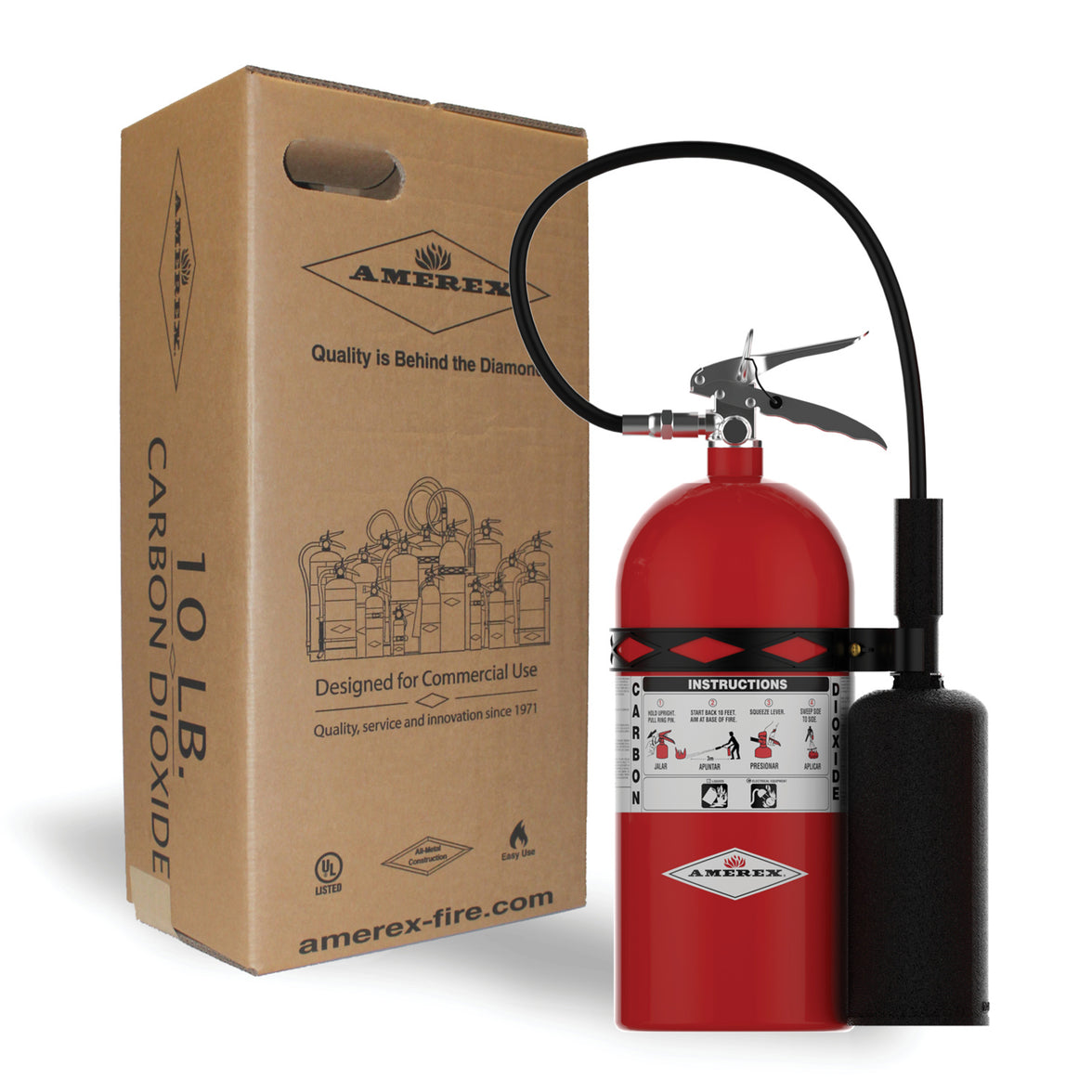 Amerex Model 330 10 lb carbon dioxide fire extinguisher shown with its shipping box, part 01714