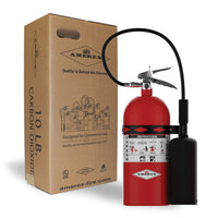 Amerex Model 330 10 lb carbon dioxide fire extinguisher shown with its shipping box, part 01714