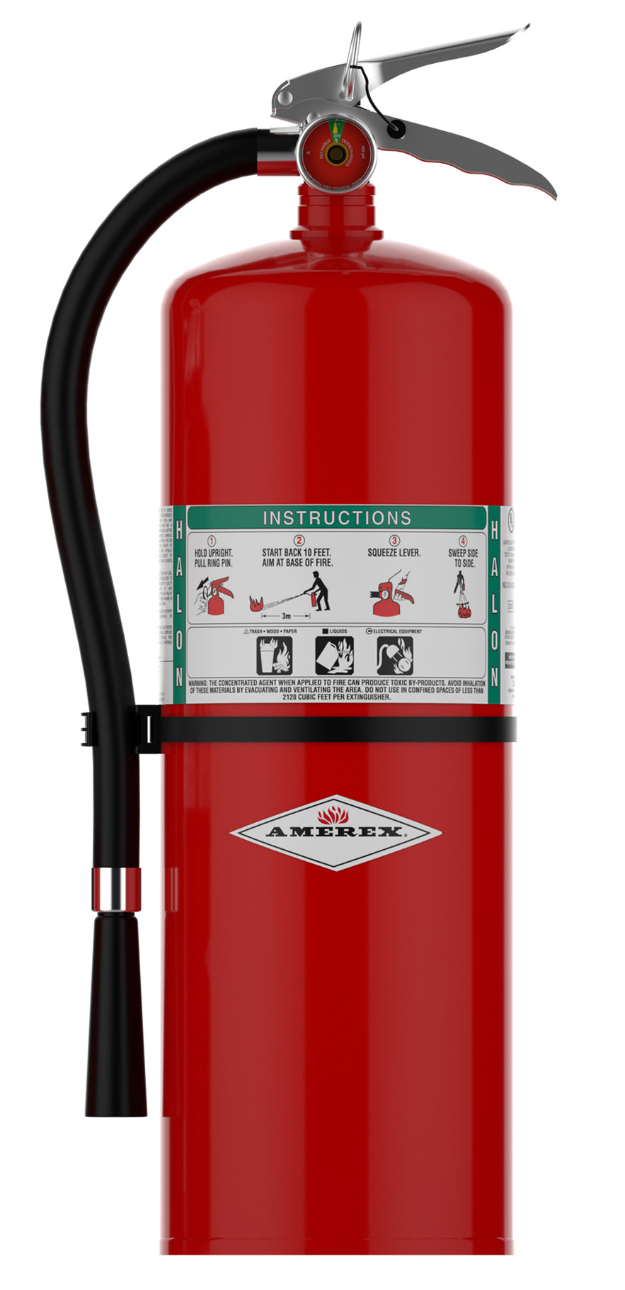 Amerex Model 361 17 lb Halon 1211 fire extinguisher with hose and chrome-plated brass valve, part 01955