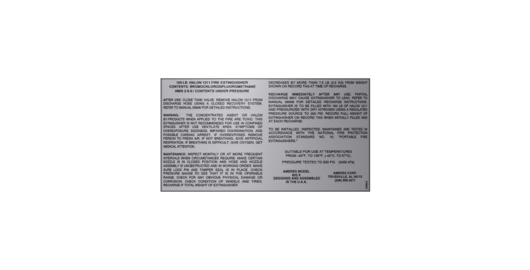 Amerex 03624-P001 replacement nameplate decal for the Model 600K 150 lb Halon 1211 fire extinguisher