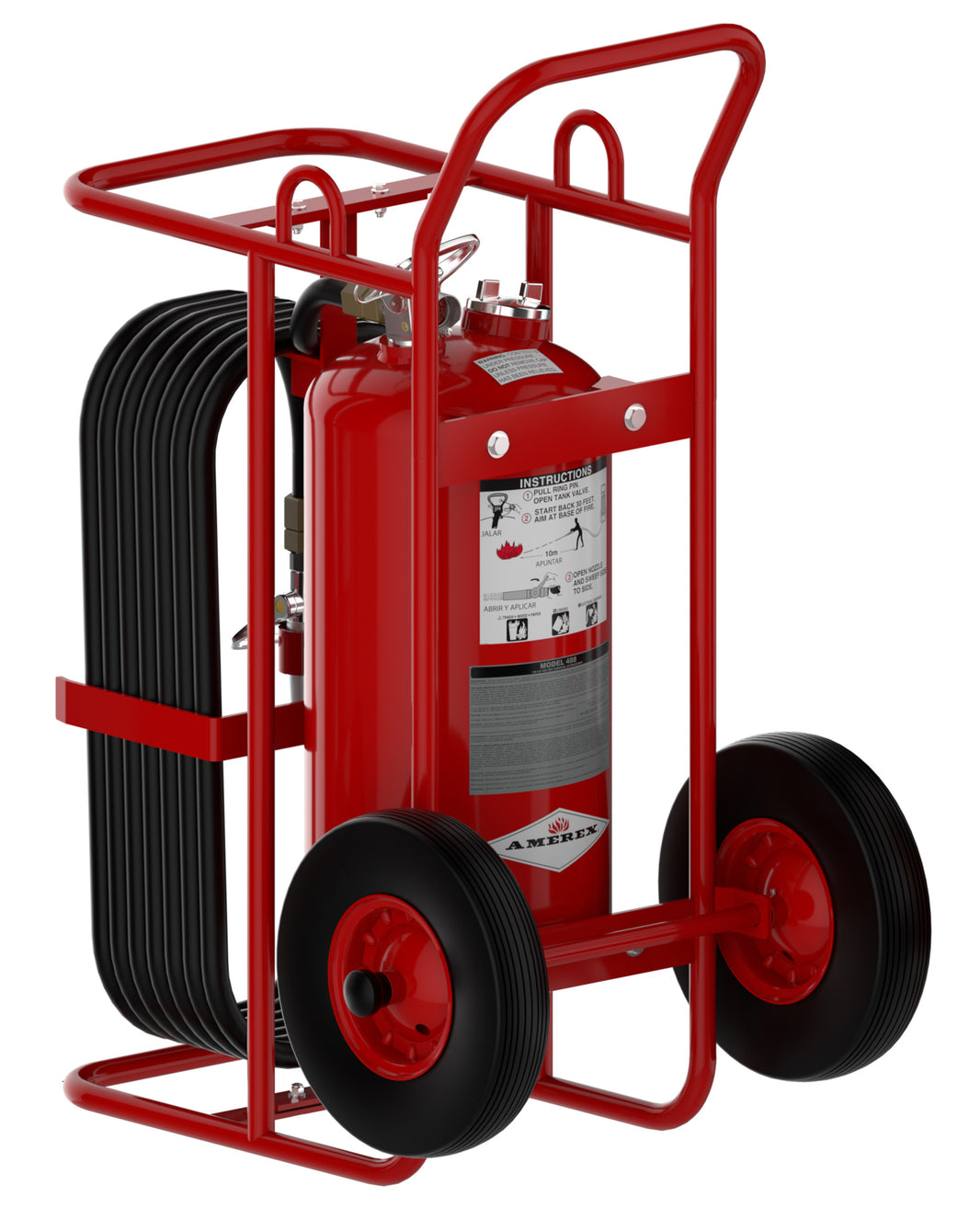 Amerex Model 488 125 lb stored pressure wheeled ABC fire extinguisher with hose rack