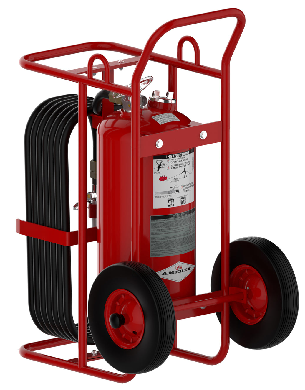 Amerex 490 125 lb stored pressure wheeled Purple K fire extinguisher on steel carriage