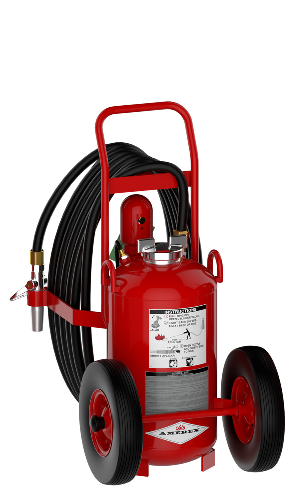 Amerex 452 125 lb wheeled Purple K dry chemical fire extinguisher with hose rack and steel carriage