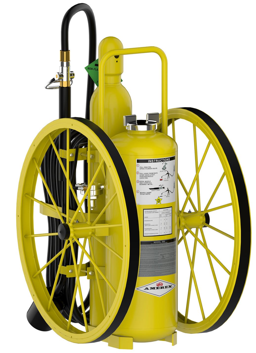 Amerex 680R 150 lb wheeled sodium chloride Class D fire extinguisher on heavy duty steel carriage with rubber wheels