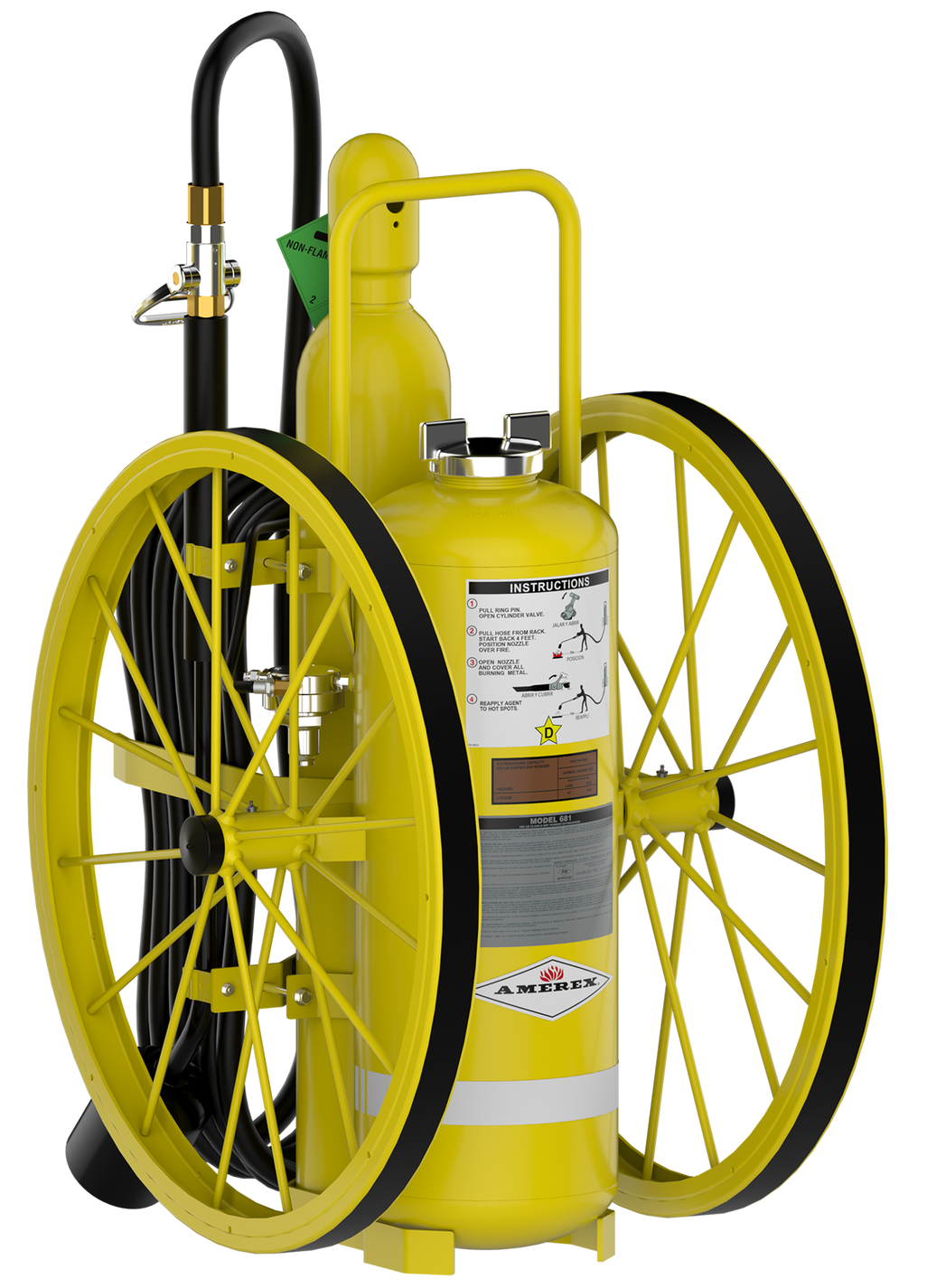 Amerex 681R 250 lb wheeled copper powder extinguisher for lithium fires with 36 inch steel wheels
