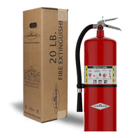 Amerex A411 20 lb ABC fire extinguisher shown with its shipping box