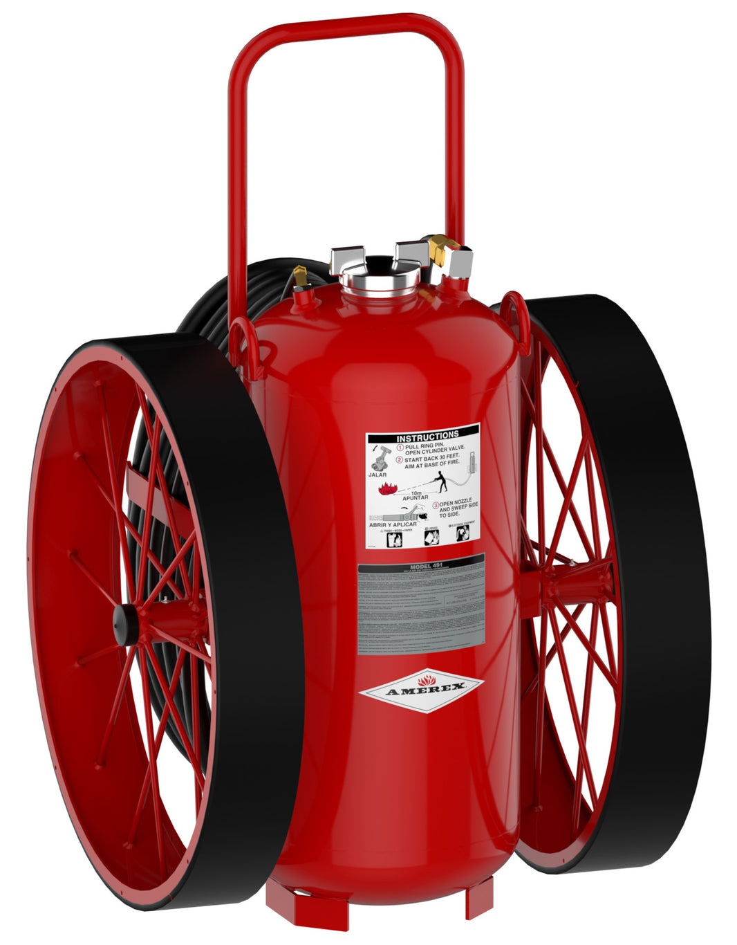 Amerex Model 491R 300 lb wheeled ABC fire extinguisher with nonsparking rubber tread wheels