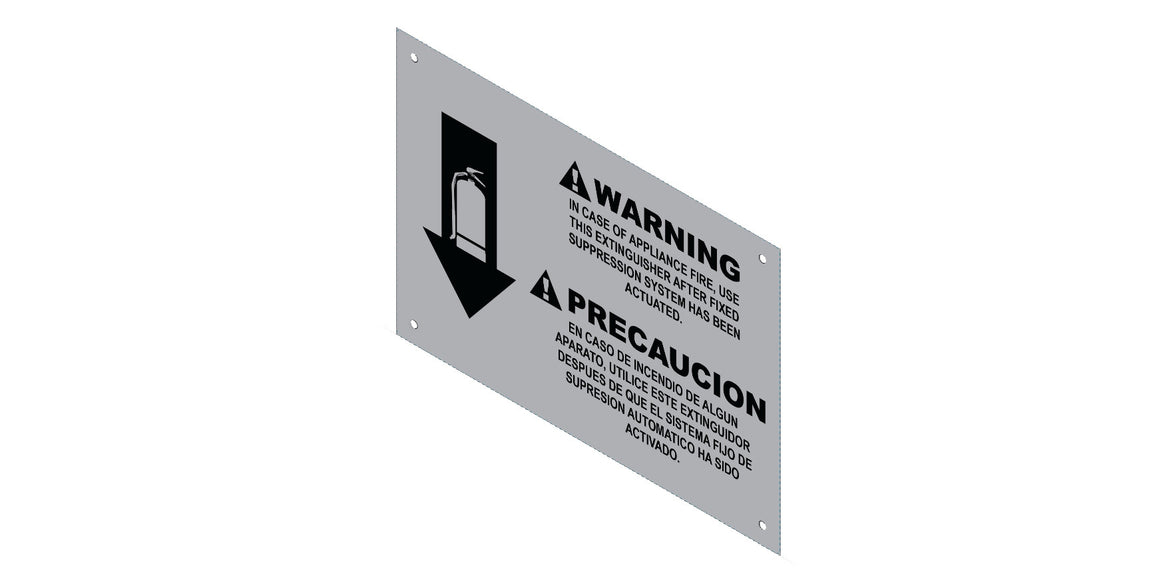 Amerex part 14669-P001 wet chemical caution placard printed in English and Spanish