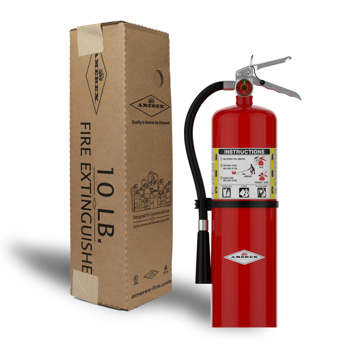 Amerex B456 10 lb ABC fire extinguisher shown with retail box
