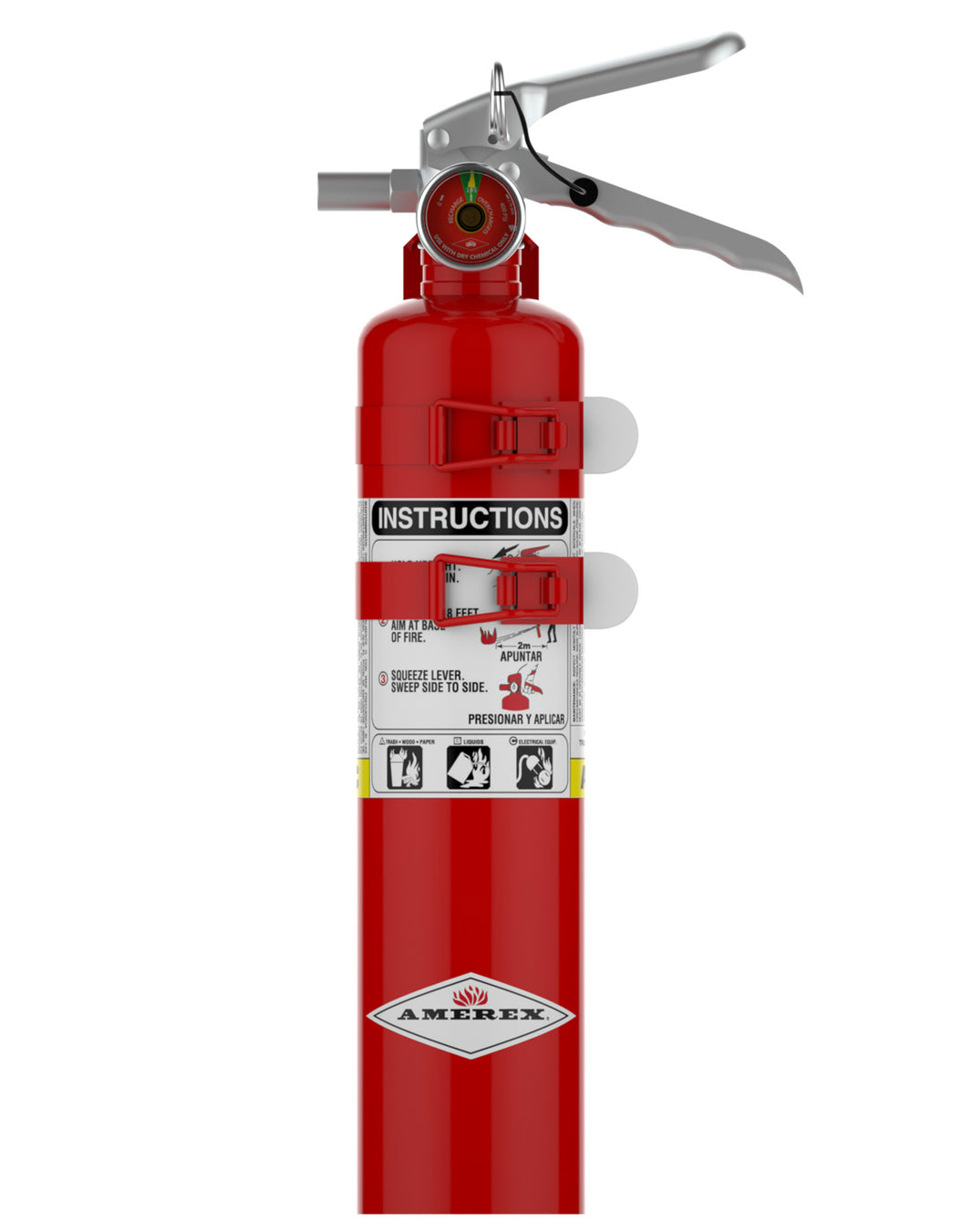 Amerex B417TS 2.5 lb ABC dry chemical fire extinguisher with 2-strap bracket, front view