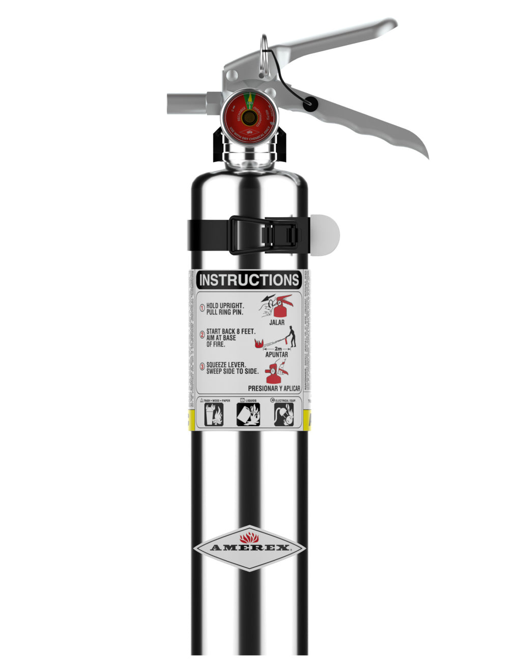 Amerex B417TC chrome 2.5 lb ABC fire extinguisher with vehicle bracket, front view