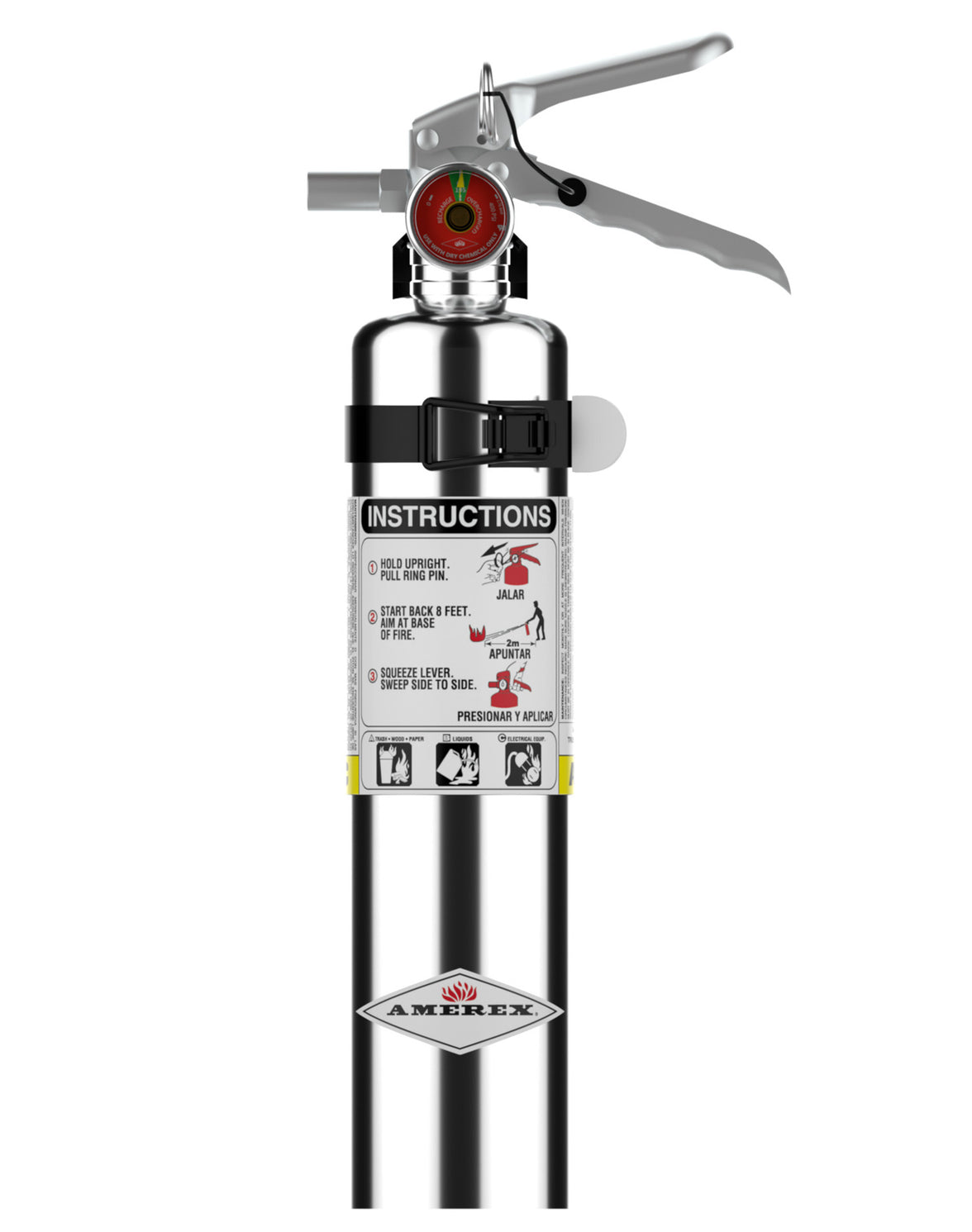 Amerex B417TC chrome 2.5 lb ABC fire extinguisher with vehicle bracket, front view