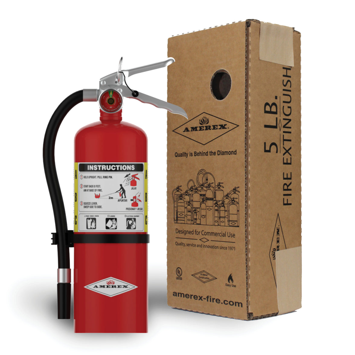 Amerex B402 5 lb ABC fire extinguisher shown with retail box