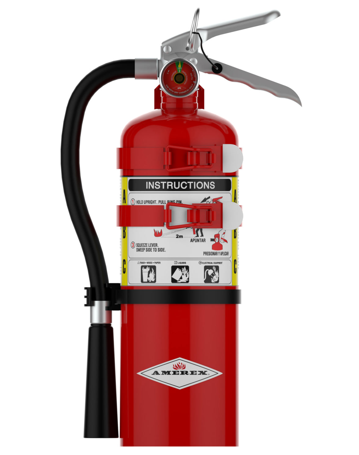 Amerex B500TS 5 lb ABC dry chemical fire extinguisher with two-strap bracket, front view