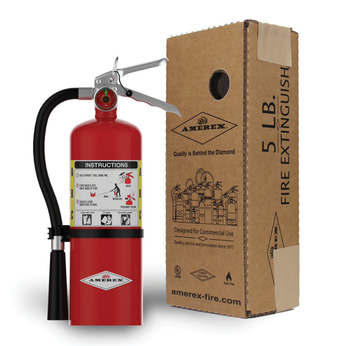 Amerex B500 5 lb ABC fire extinguisher shown with retail box