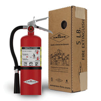 Amerex B500 5 lb ABC fire extinguisher shown with retail box