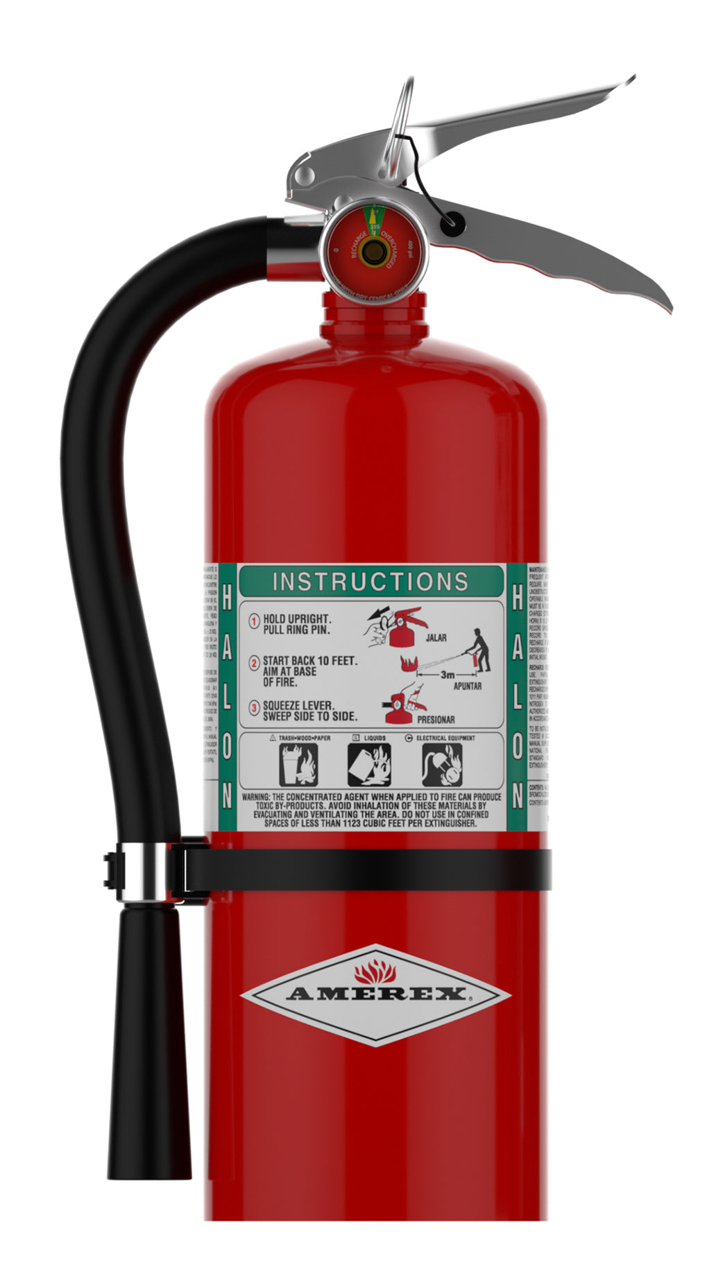 Amerex Model B369 9 lb Halon 1211 fire extinguisher with hose and 801 wall bracket, part 15385