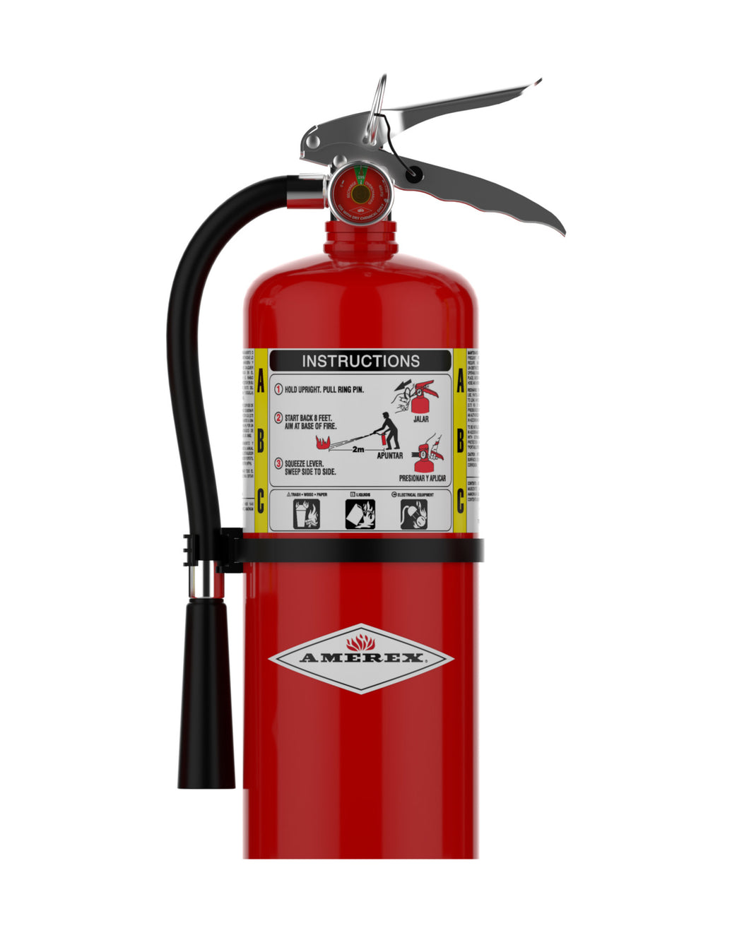 Amerex B461 6 lb ABC dry chemical fire extinguisher with brass valve, front view