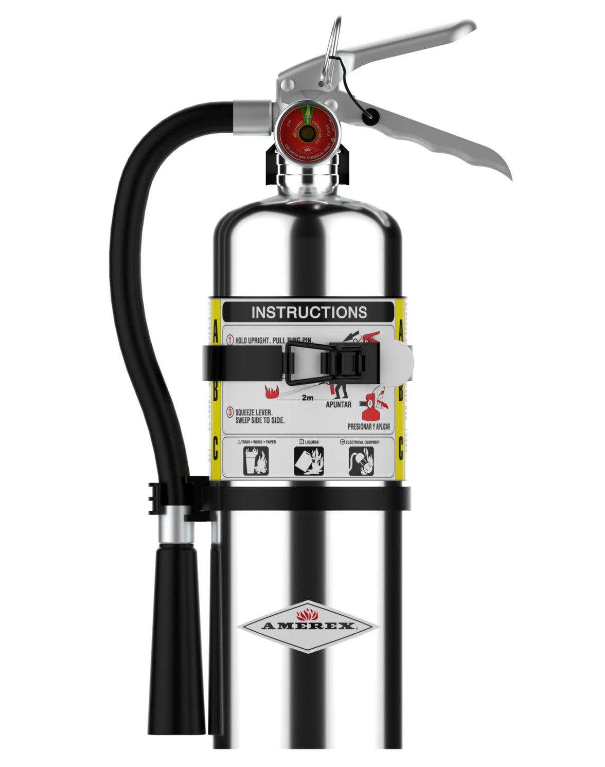 Amerex B500TC chrome 5 lb ABC fire extinguisher with vehicle bracket, front view