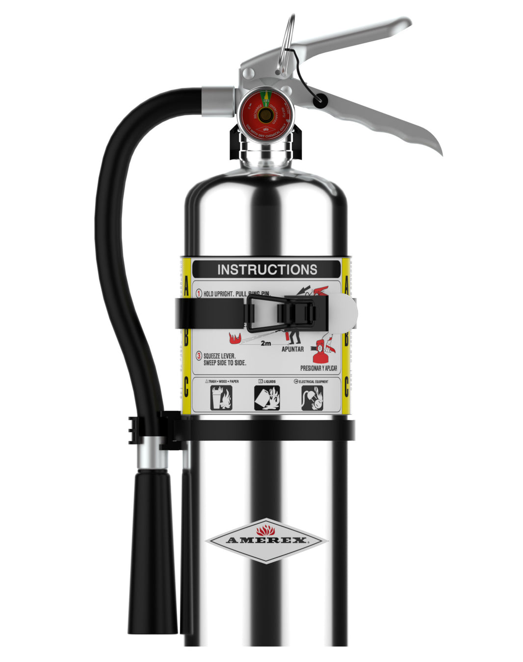 Amerex B500TC chrome 5 lb ABC fire extinguisher with vehicle bracket, front view
