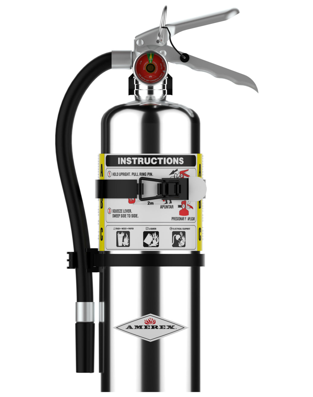 Amerex B402TC chrome 5 lb ABC fire extinguisher with vehicle bracket, front view