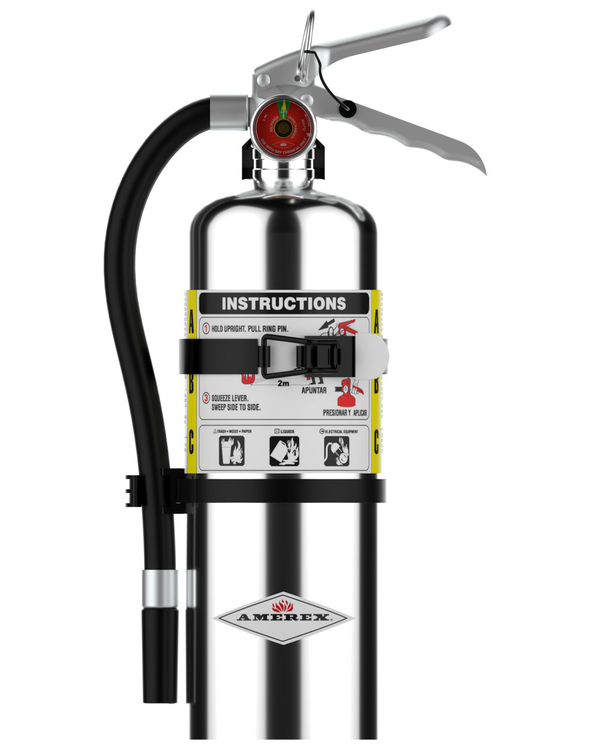 Amerex B402TC chrome 5 lb ABC fire extinguisher with vehicle bracket, front view