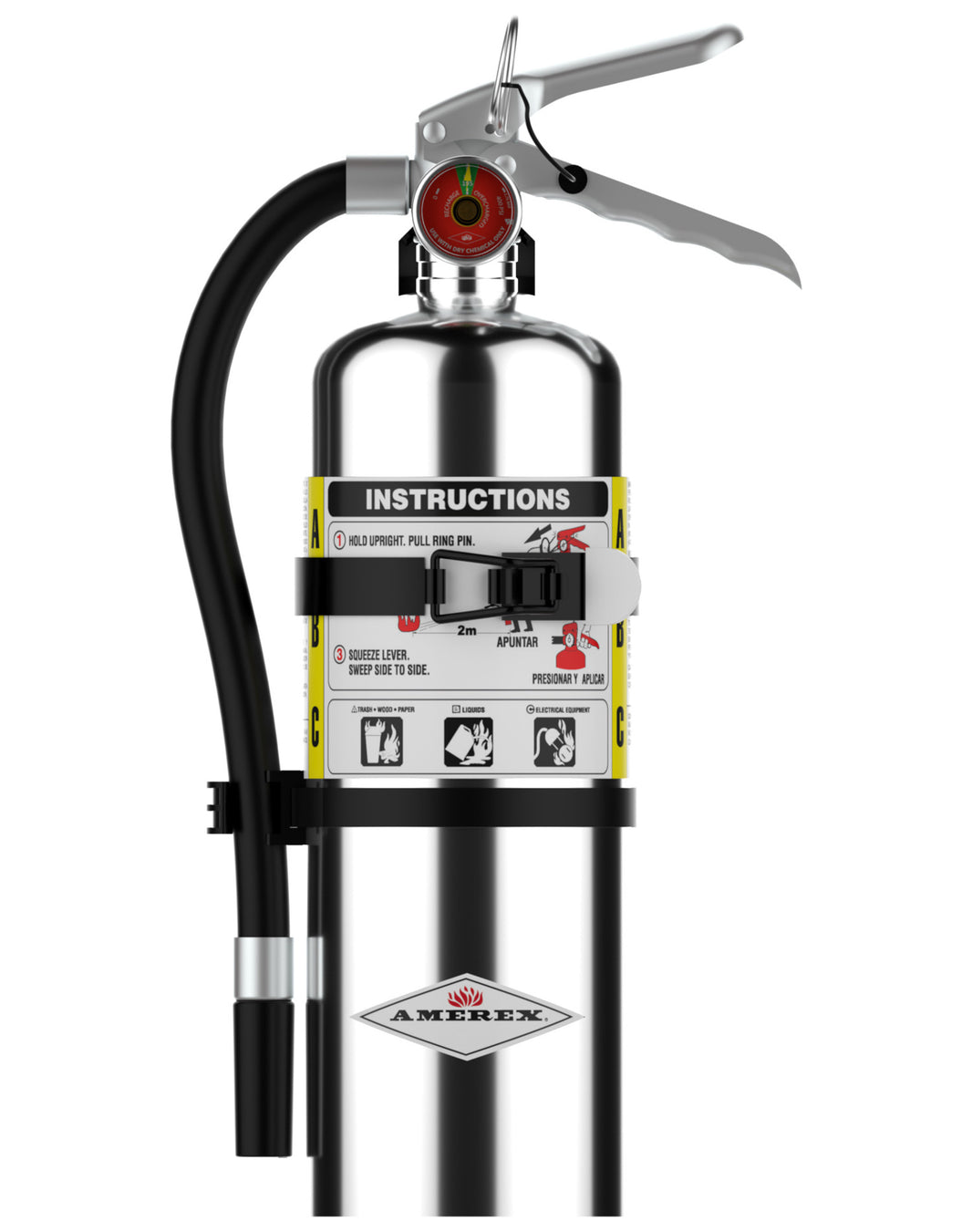 Amerex B402TC chrome 5 lb ABC fire extinguisher with vehicle bracket, front view